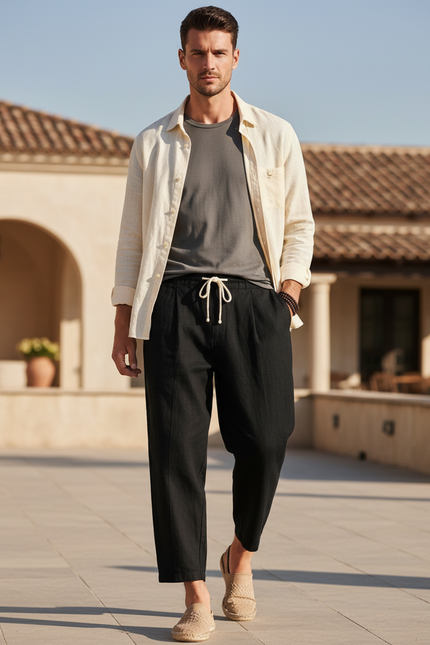 Pantalon En Lin Noir Ample Décontracté Cordon Homme