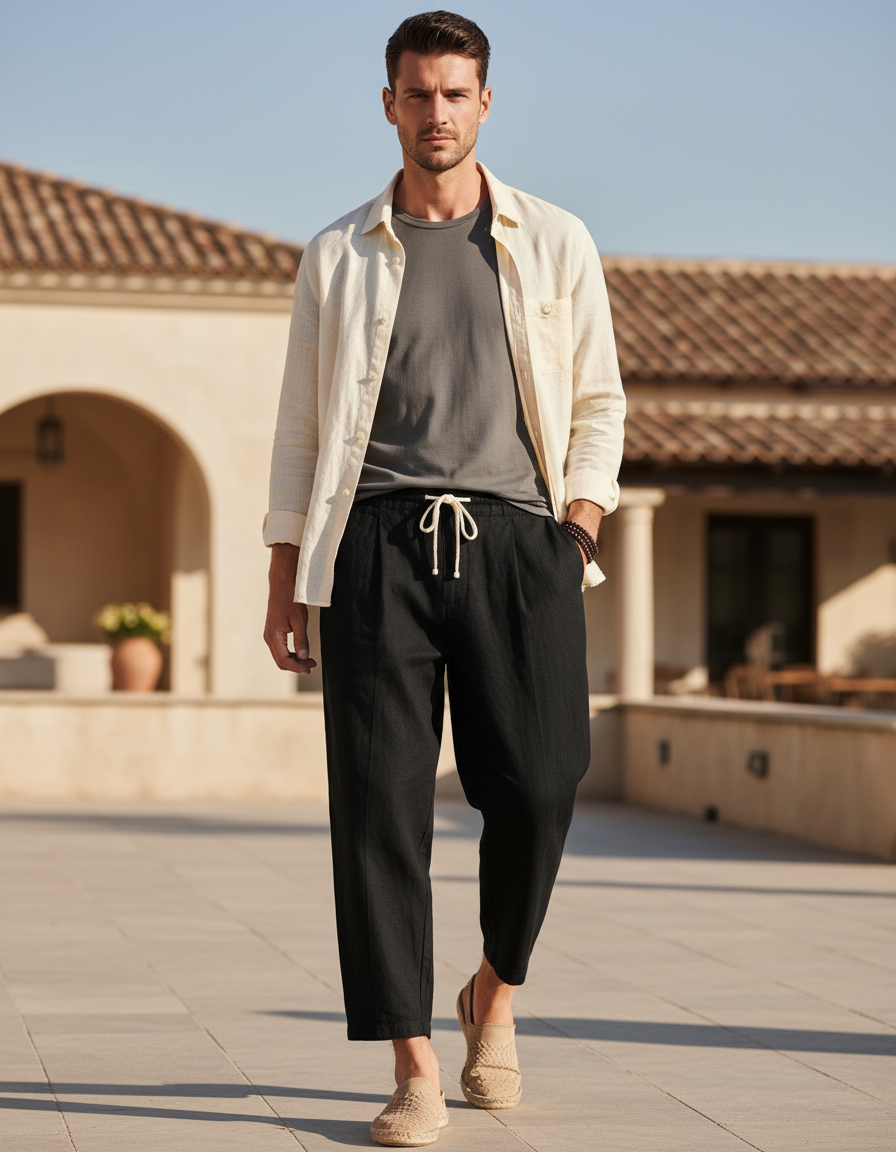 Pantalon En Lin Noir Ample Décontracté Cordon Homme