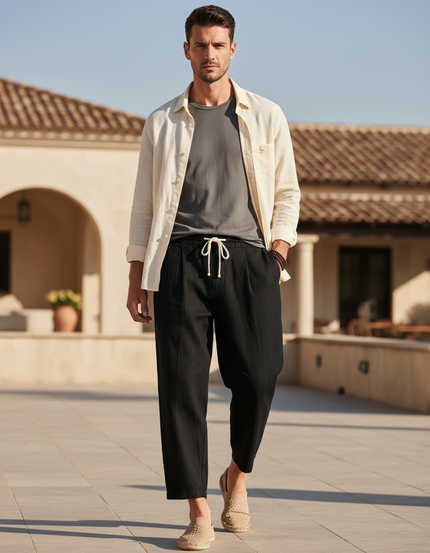 Pantalon En Lin Noir Ample Décontracté Cordon Homme