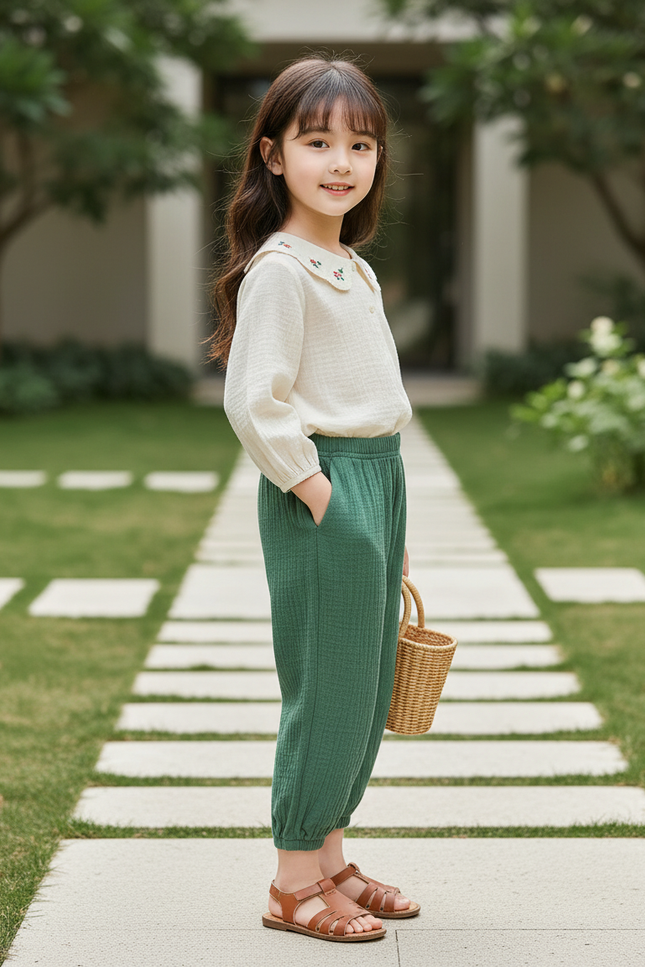 Pantalon En Lin Vert Ample Décontracté Enfant