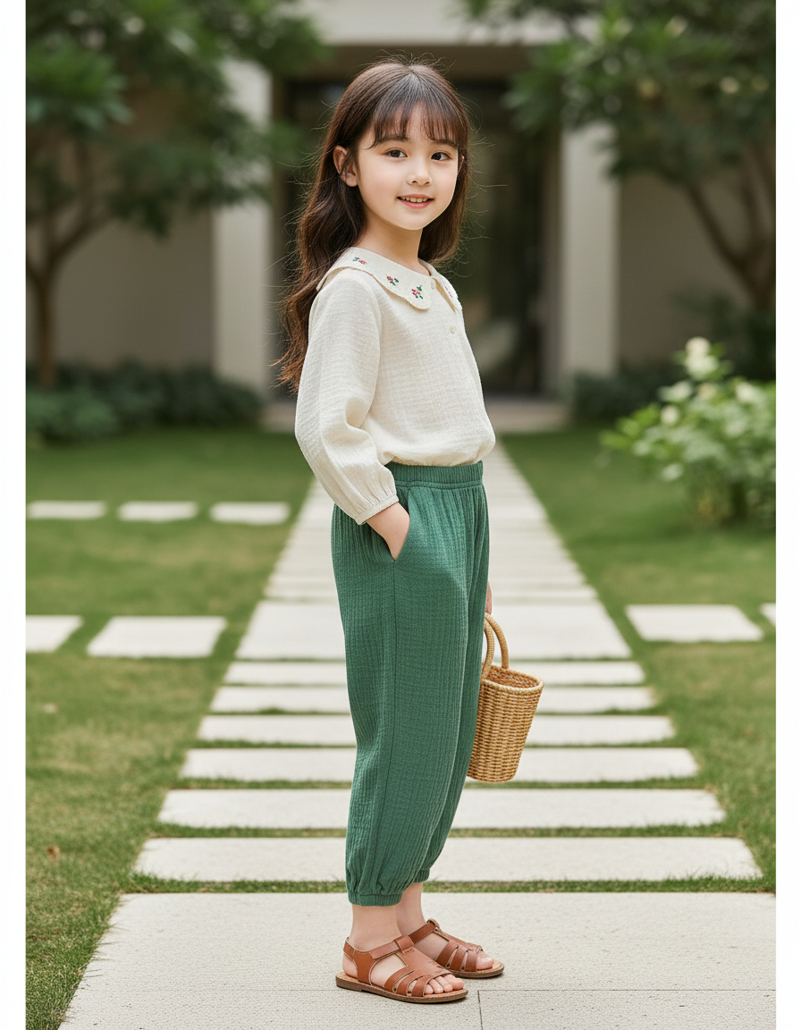 Pantalon En Lin Vert Ample Décontracté Enfant