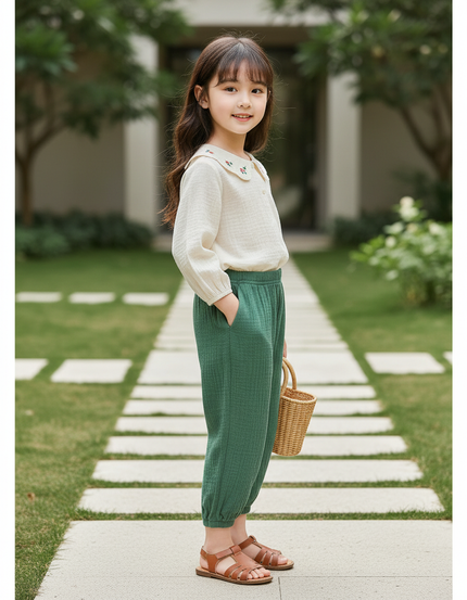 Pantalon En Lin Vert Ample Décontracté Enfant