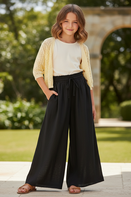 Pantalon En Lin Noir Ample Taille Élastique Fille
