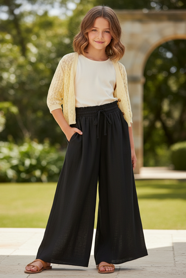 Pantalon En Lin Noir Ample Taille Élastique Fille