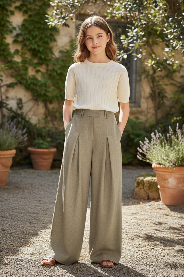 Pantalon En Lin Plissé Ample Vert Fille Élégant - Kaki
