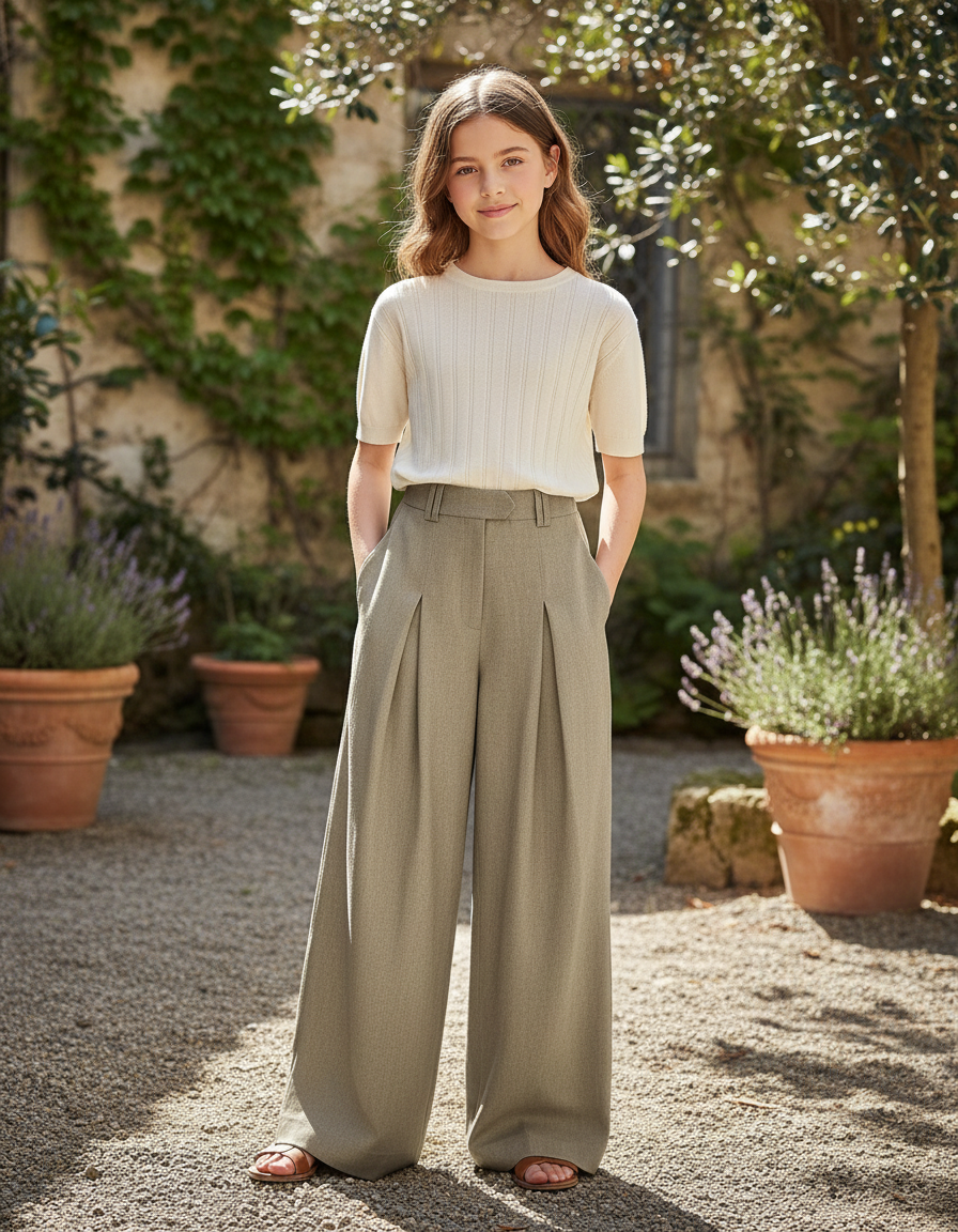 Pantalon En Lin Plissé Ample Vert Fille Élégant - Kaki