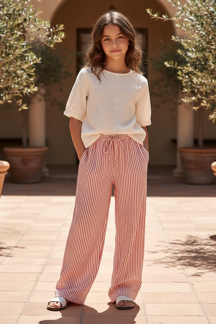 Pantalon En Lin Rayé Rouge Fluide Ample Fille