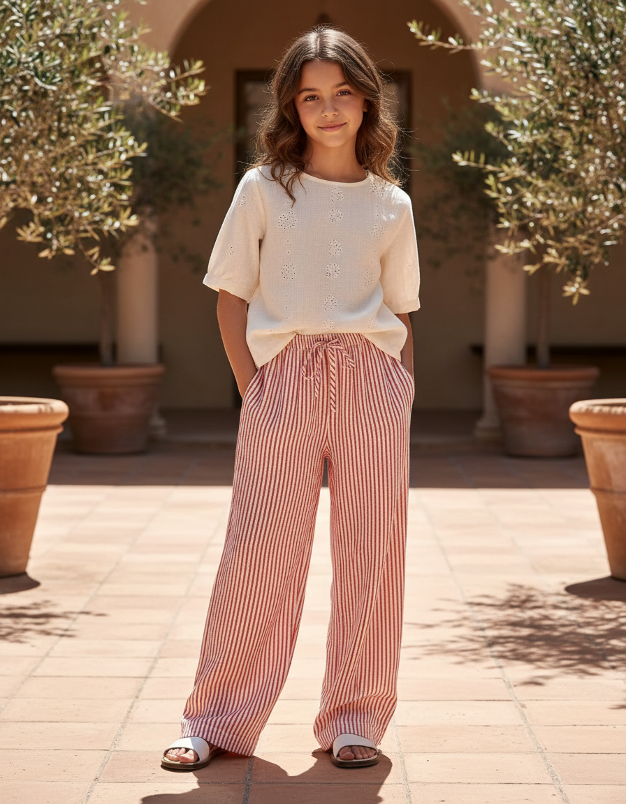 Pantalon En Lin Rayé Rouge Fluide Ample Fille