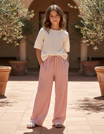 Pantalon En Lin Rayé Rouge Fluide Ample Fille