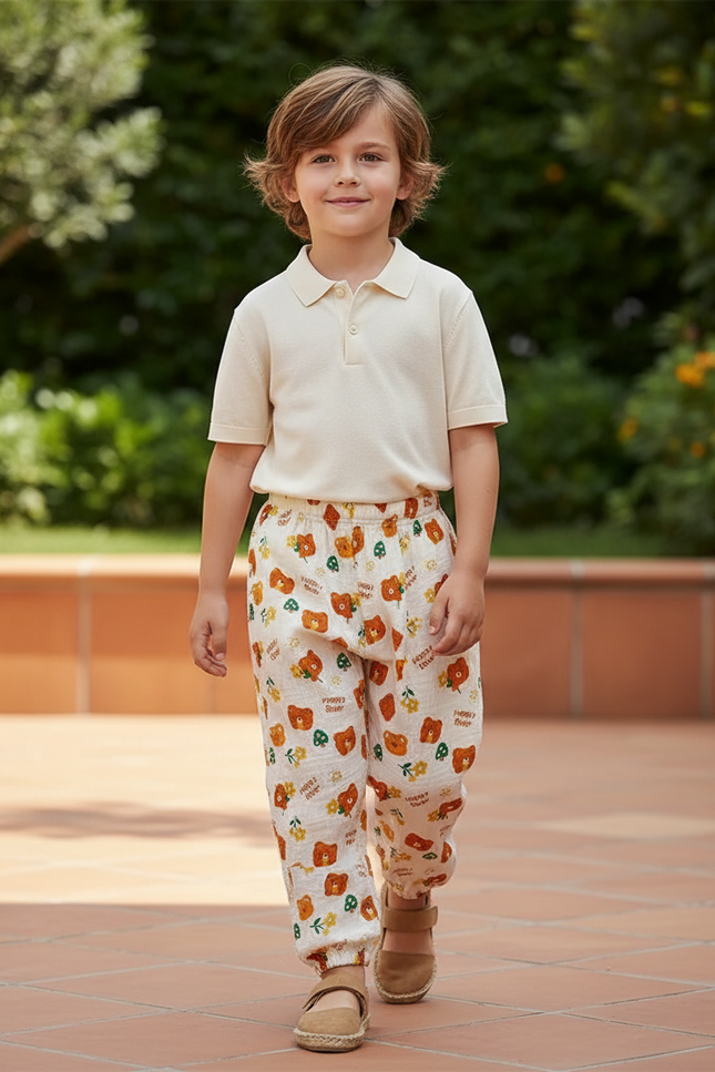 Pantalon En Lin Ample Imprimé Ours Floral Enfant