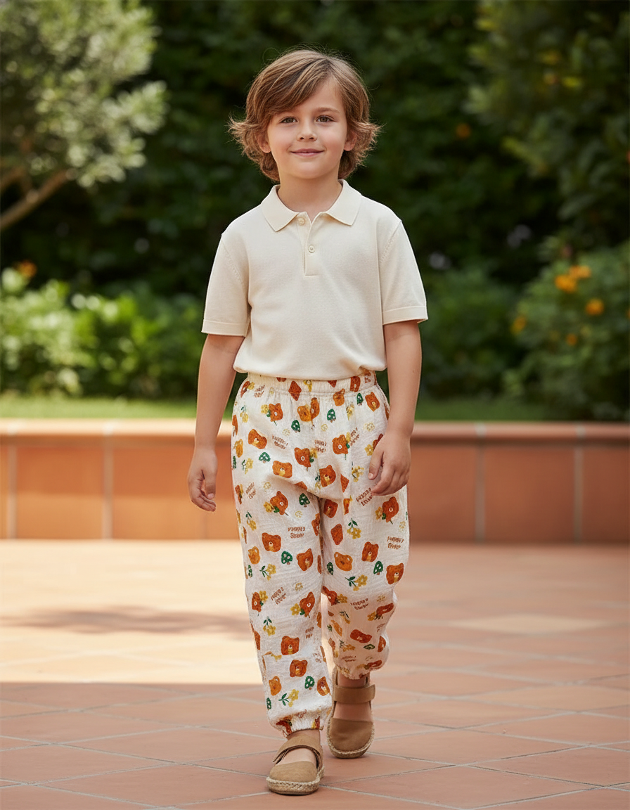 Pantalon En Lin Ample Imprimé Ours Floral Enfant