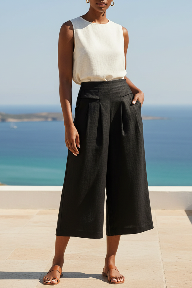 Pantalon En Lin Noir Ample Plissé Élégant Femme