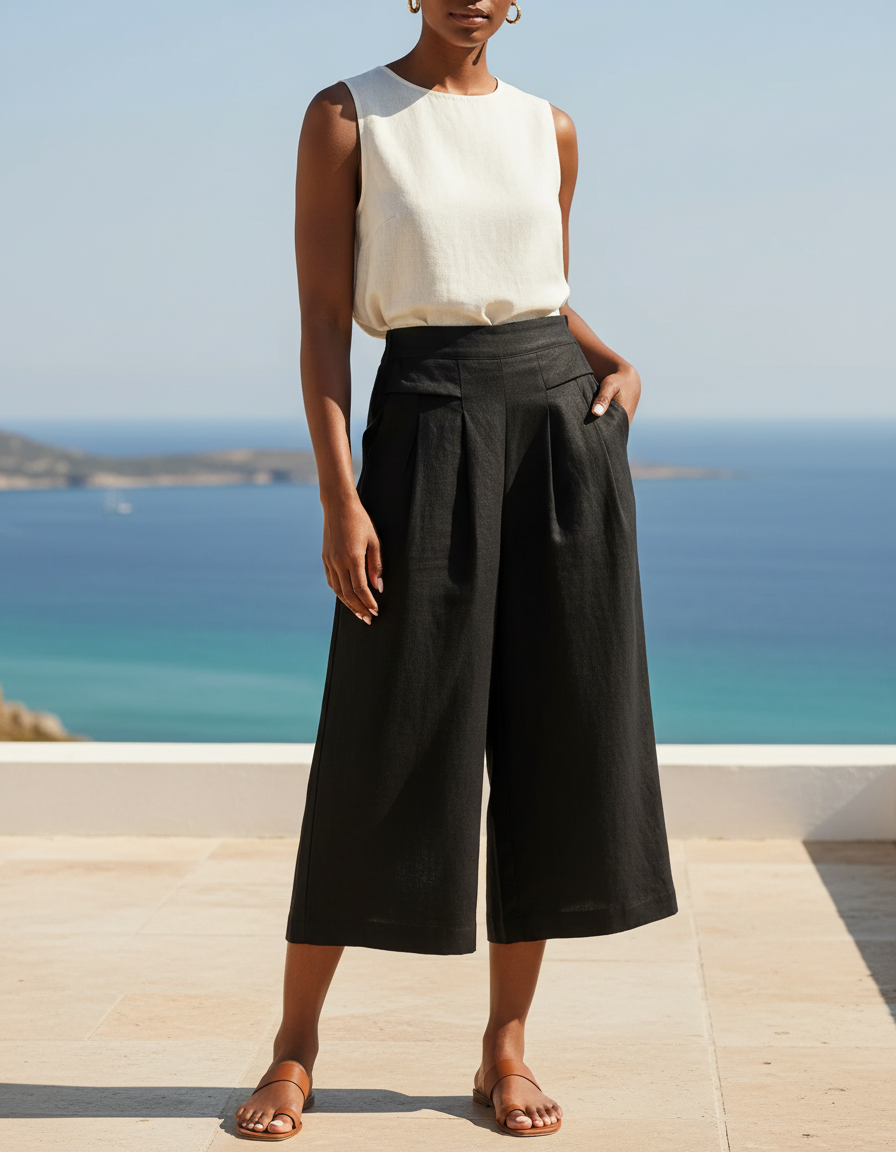 Pantalon En Lin Noir Ample Plissé Élégant Femme