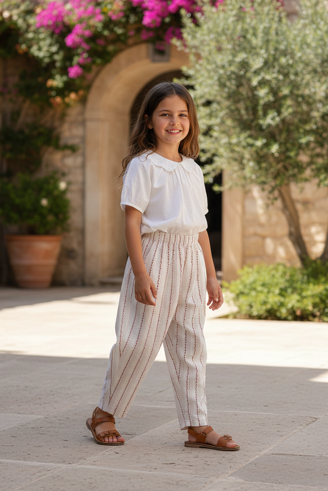 Pantalon En Lin Rayé Rose Et Blanc