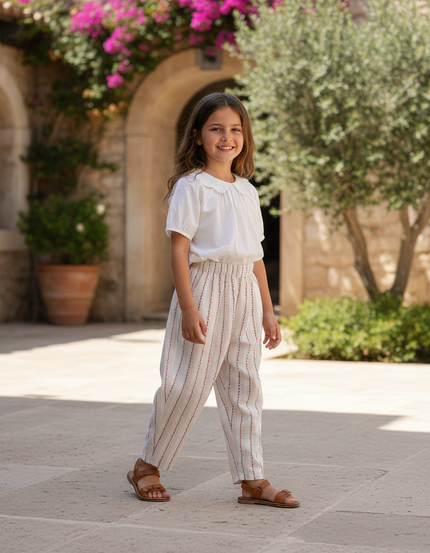 Pantalon En Lin Rayé Rose Et Blanc