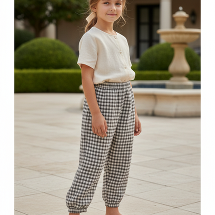 Pantalon En Lin Carreaux Ample Confortable Taille Élastique - Imprimé