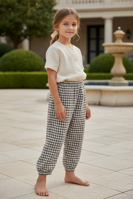 Pantalon En Lin Carreaux Ample Confortable Taille Élastique - Imprimé