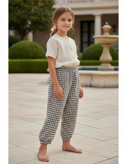 Pantalon En Lin Carreaux Ample Confortable Taille Élastique - Imprimé