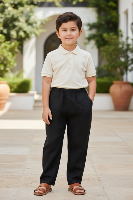 Pantalon En Lin Noir Ample Décontracté Enfant Garçon
