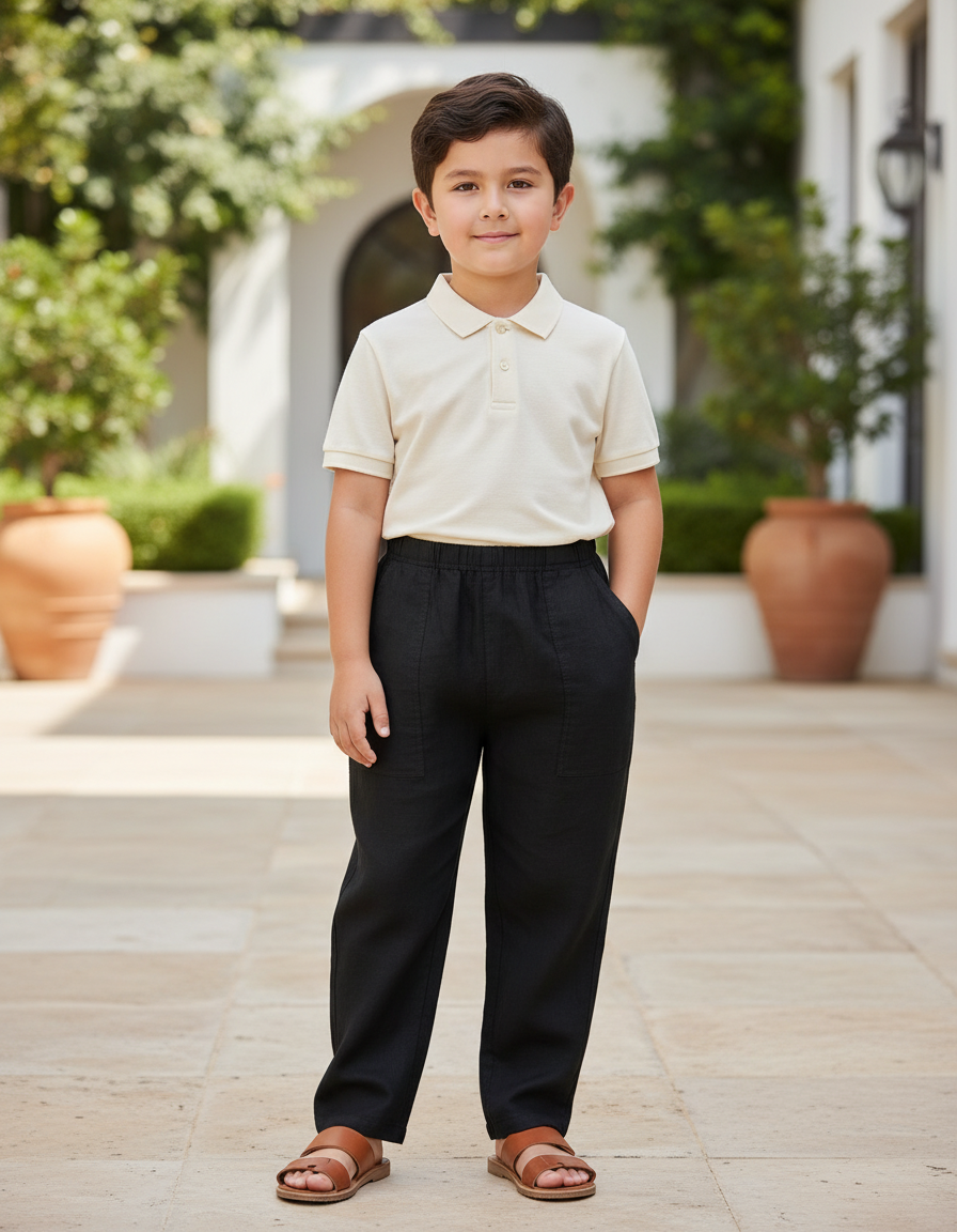 Pantalon En Lin Noir Ample Décontracté Enfant Garçon
