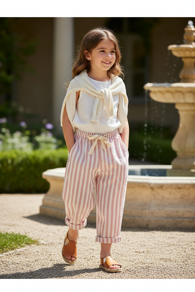 Pantalon En Lin Rayé Rose