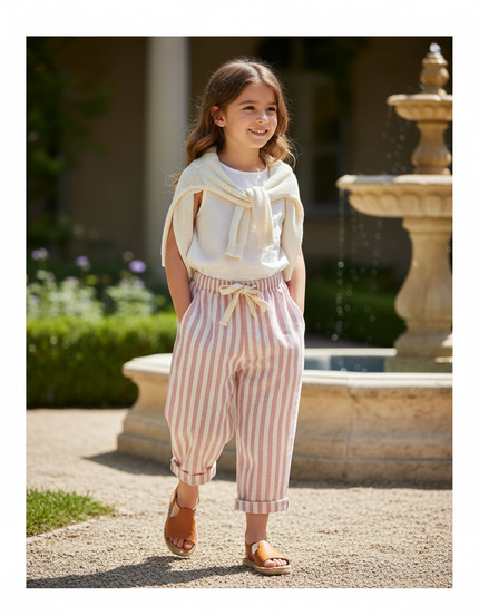 Pantalon En Lin Rayé Rose
