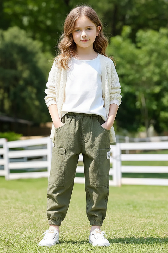 Pantalon En Lin Kaki Ample Décontracté Enfant