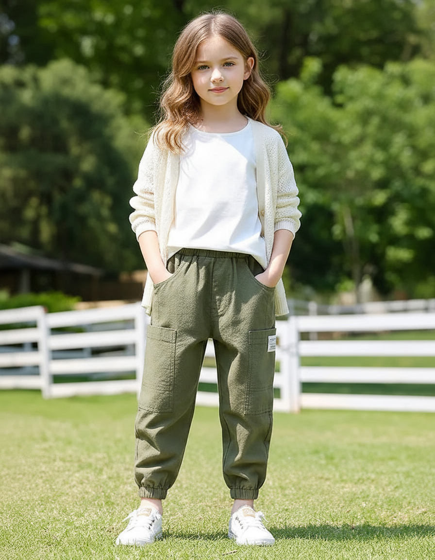 Pantalon En Lin Kaki Ample Décontracté Enfant