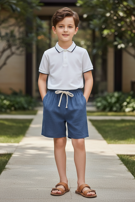 Pantalon En Lin Bleu Cordon Décontracté Enfant