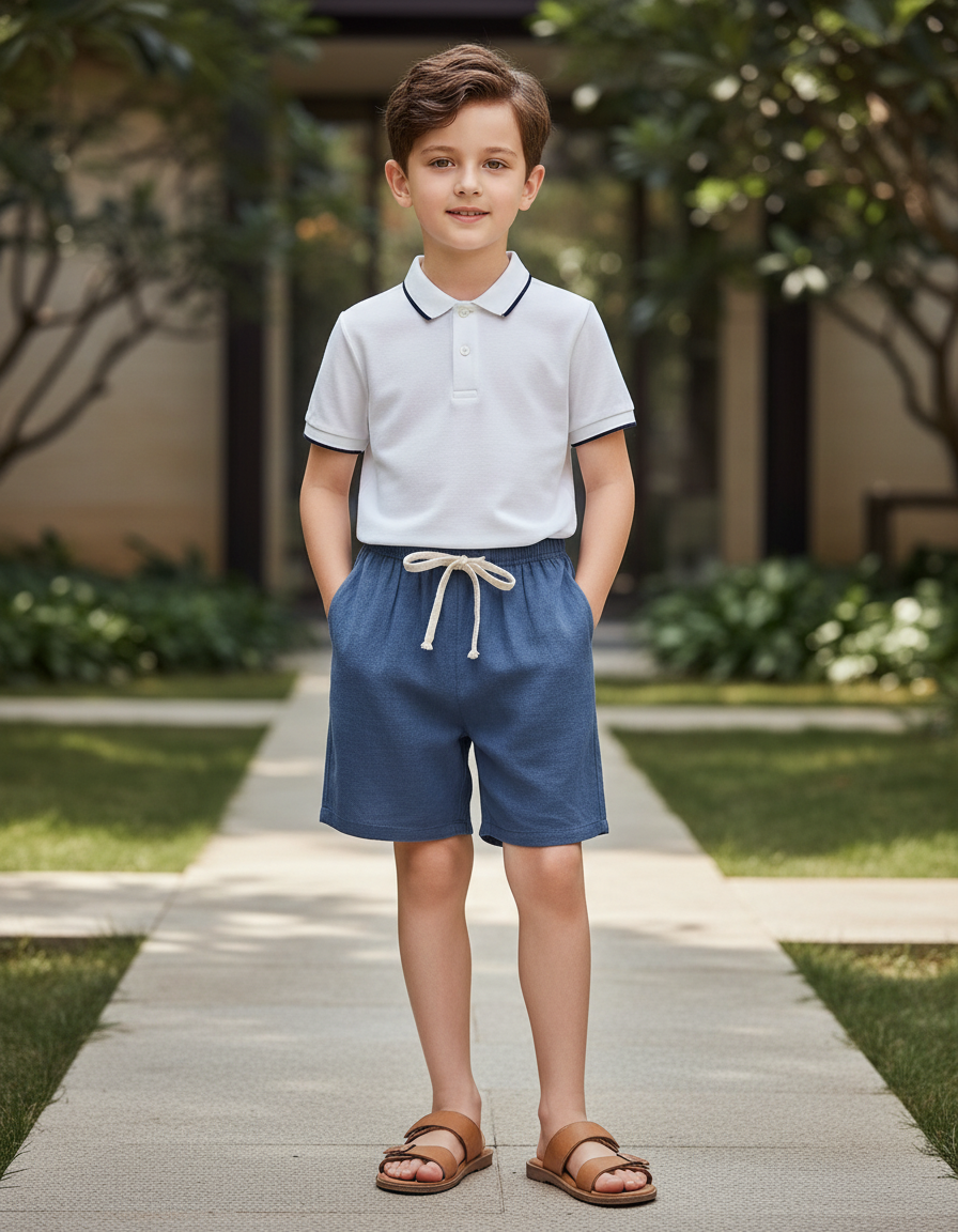 Pantalon En Lin Bleu Cordon Décontracté Enfant