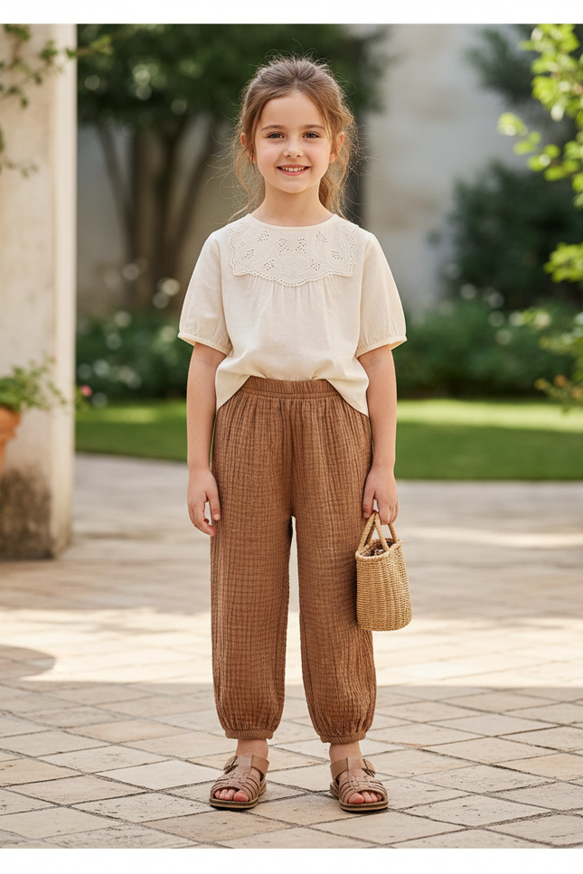 Pantalon En Lin Harem Ample Marron Enfant Coton