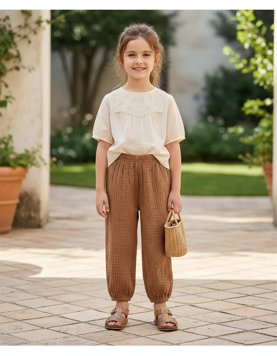 Pantalon En Lin Harem Ample Marron Enfant Coton