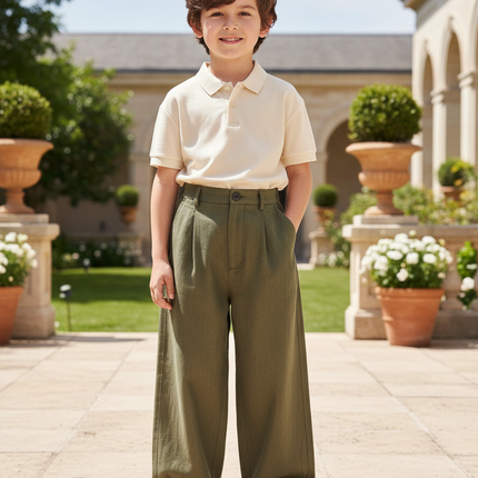 Pantalon En Lin Enfant Ample Vert Kaki Décontracté