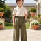 Pantalon En Lin Enfant Ample Vert Kaki Décontracté