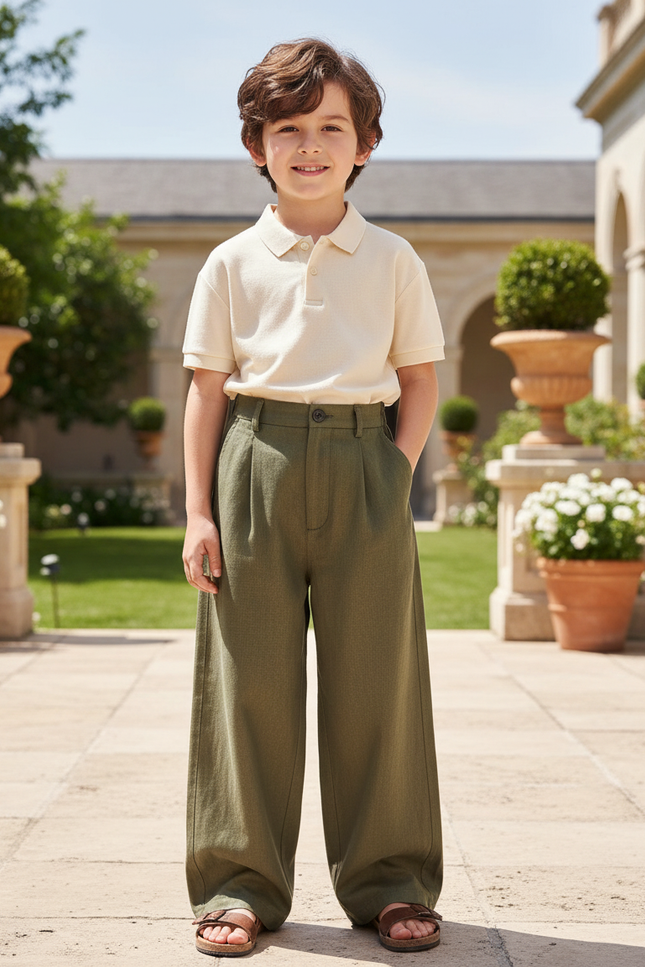 Pantalon En Lin Enfant Ample Vert Kaki Décontracté