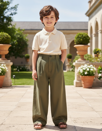 Pantalon En Lin Enfant Ample Vert Kaki Décontracté