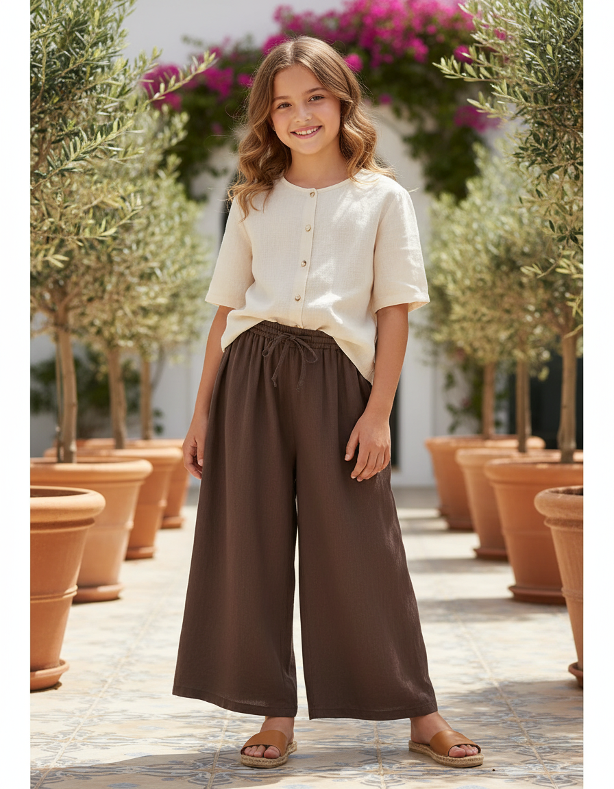 Pantalon En Lin Marron Ample Taille Élastique Fluide