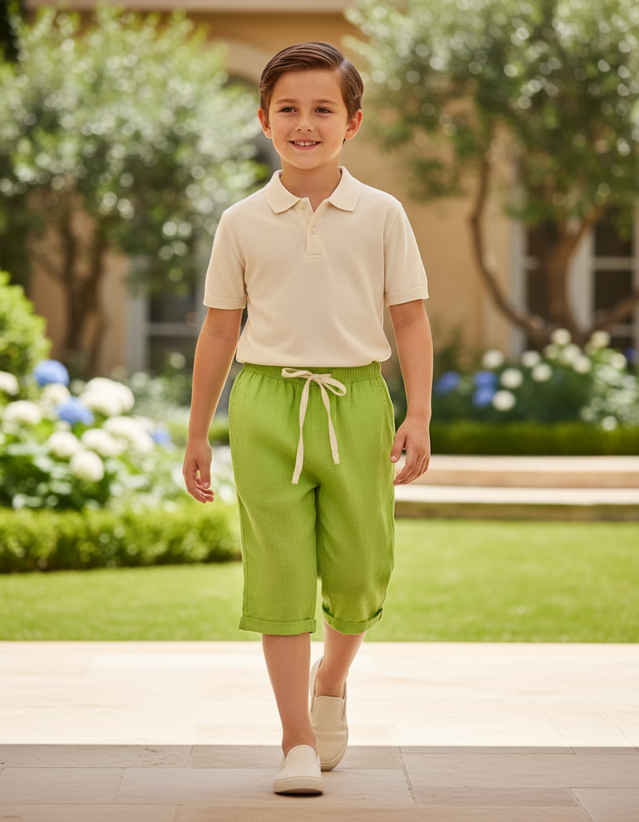 Pantalon En Lin Vert Citron Ample Cordon Enfant