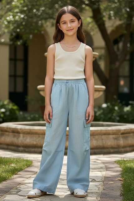 Pantalon En Lin Bleu Cargo Ample Fille Décontracté