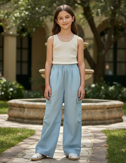 Pantalon En Lin Bleu Cargo Ample Fille Décontracté