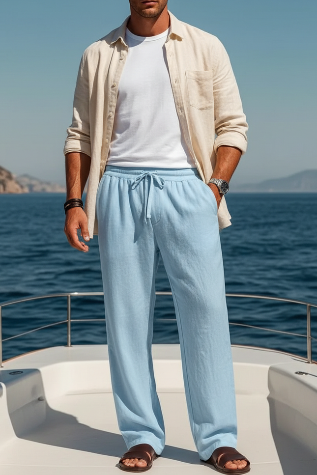 Pantalon En Lin Bleu Ciel Ample Cordon Décontracté Homme
