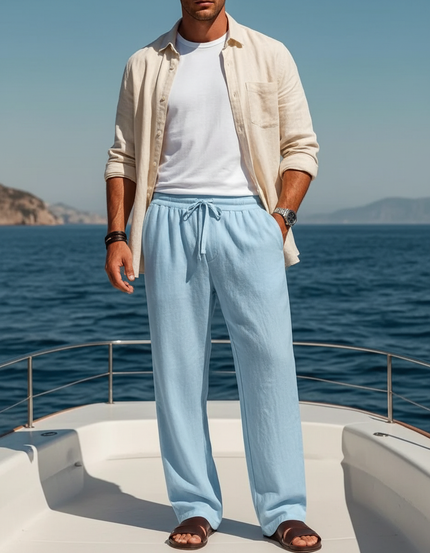 Pantalon En Lin Bleu Ciel Ample Cordon Décontracté Homme