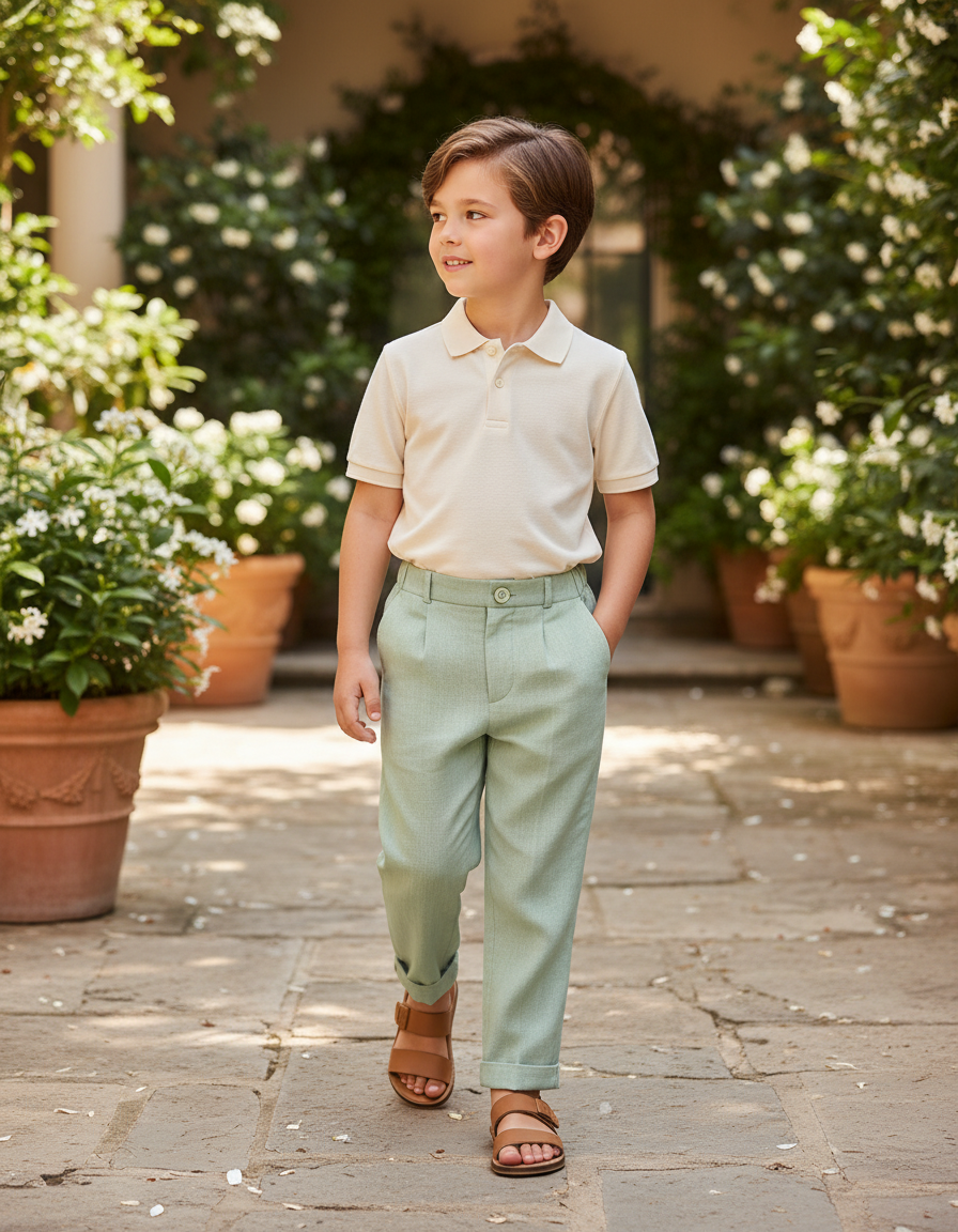 Pantalon En Lin Vert Menthe Plissé Enfant Élégant