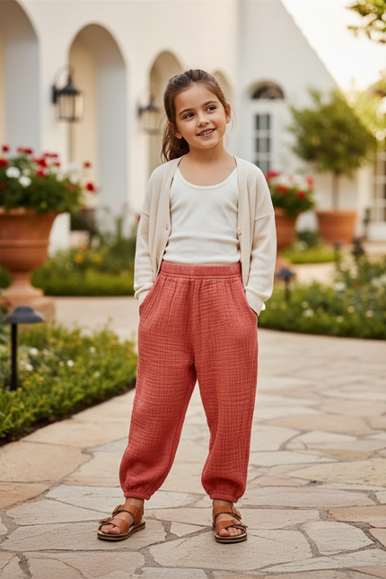 Pantalon En Lin Harem Coton Respirant Enfant Saumon - Orange