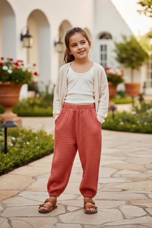 Pantalon En Lin Harem Coton Respirant Enfant Saumon - Orange