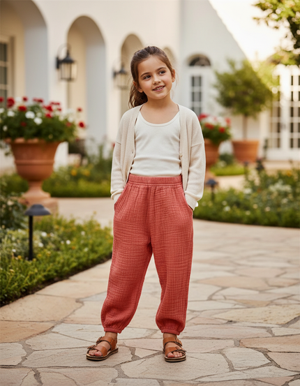 Pantalon En Lin Harem Coton Respirant Enfant Saumon - Orange