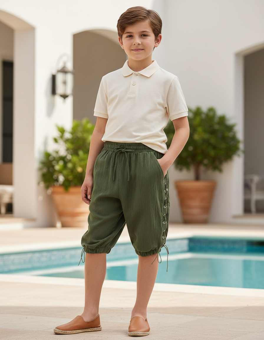 Pantalon En Lin Vert Ample Cordon Coulissant Garçon - Kaki