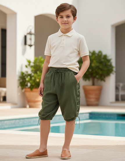 Pantalon En Lin Vert Ample Cordon Coulissant Garçon - Kaki