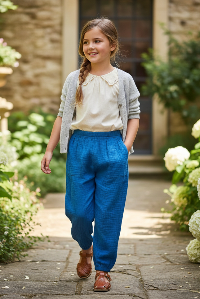 Pantalon En Lin Bleu Ample Décontracté Enfant Respirant