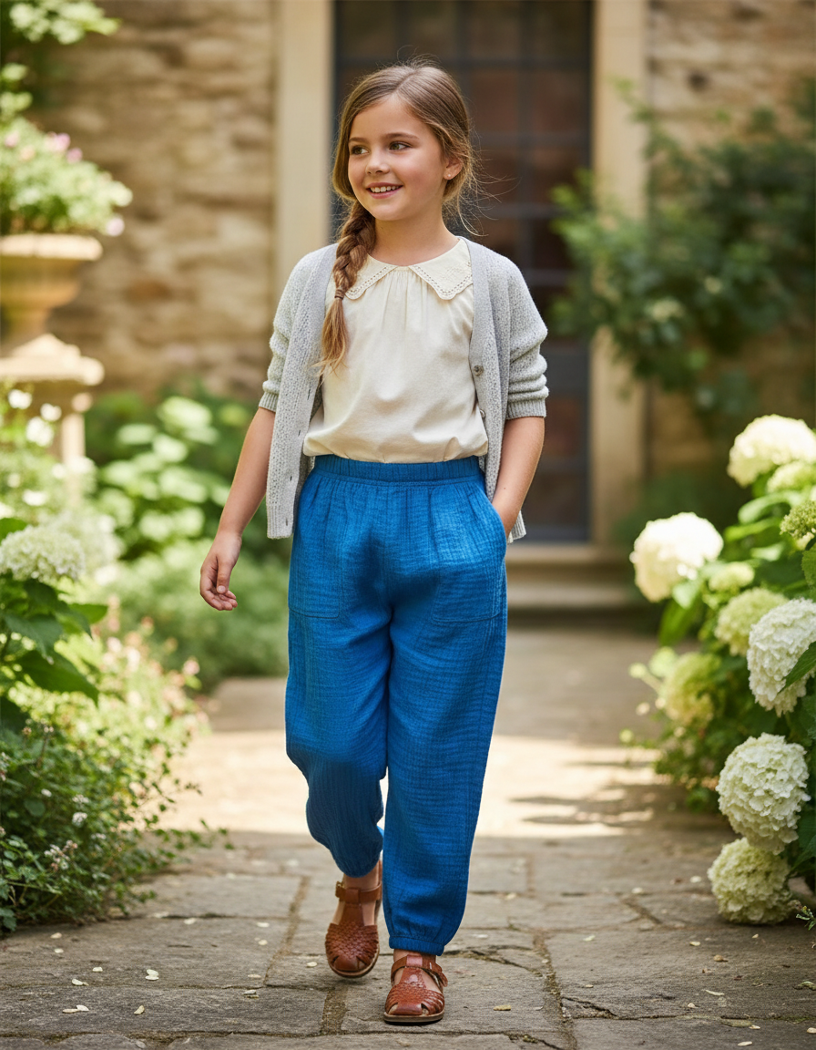 Pantalon En Lin Bleu Ample Décontracté Enfant Respirant